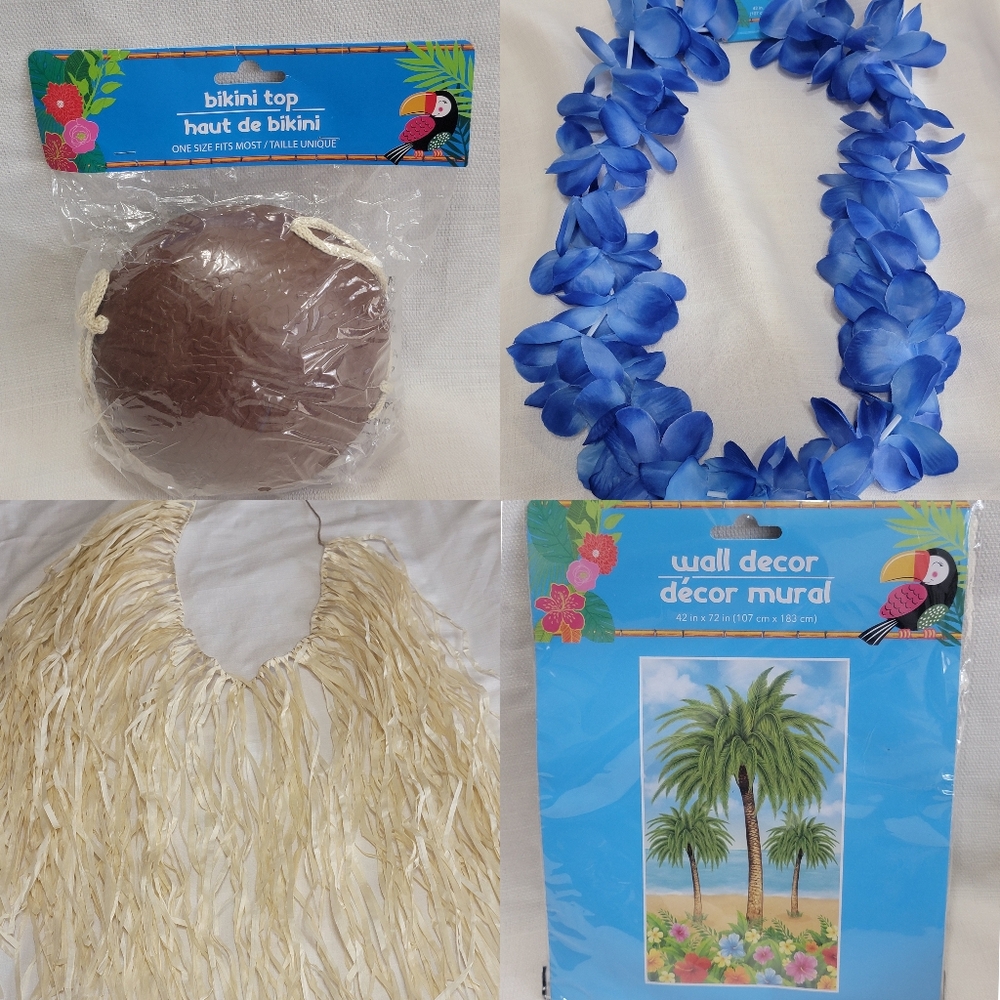Hula Grass Skirt Coconut Bikini Top Blue‎ Flower Lei New Wall Mural Decor Palm